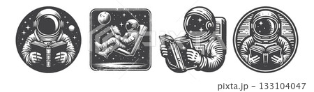 Vintage Hand-Drawn Astronaut Reading Book 133104047