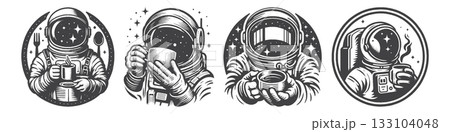 Vintage Hand-Drawn Astronaut Drinking Coffee 133104048