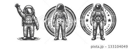 Vintage Hand-Drawn Astronaut Waving Happily  133104049