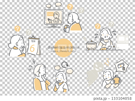 一群患有老年癡呆症的老婦人。簡潔時尚的線條插畫。 一群患有老年癡呆症的老婦人。簡潔時尚的線條插畫。 133104058