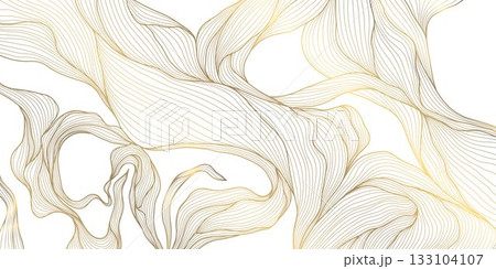 Luxury vector gold leaf pattern, elegant linear foliage, palm motifs, delicate floral elements background. Botanical nature wave illustration. Luxury vector gold leaf pattern, elegant linear foliage, palm motifs, delicate floral elements background. Botanical nature wave illustration. 133104107