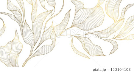 Luxury vector gold leaf pattern, elegant linear foliage, palm motifs, delicate floral elements background. Botanical nature wave illustration. 133104108