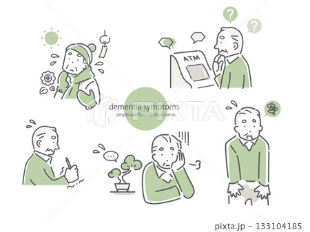 認知症を患うシニア男性のセット　シンプルでお洒落な線画イラスト　 133104185