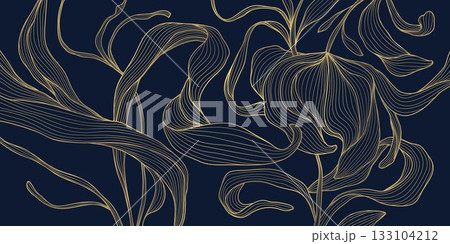 Luxury floral design, gold flowers motifs, elegant line art, Chinese pattern, background. Botanical vector illustration, oriental ornament, wedding invitation, premium card, poster, print. 133104212