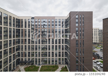 Sunrise over urban patio with modern building materials 133104240