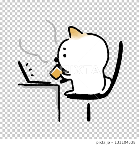 A white Shiba Inu drinking a hot drink while looking at a laptop A white Shiba Inu drinking a hot drink while looking at a laptop 133104339