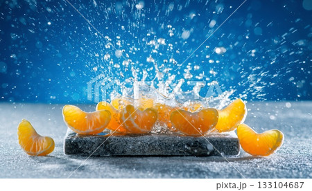 Explosive water splash erupts from fresh orange segments arranged on dark granite slab with crystalline droplets dancing through azure backdrop Explosive water splash erupts from fresh orange segments arranged on dark granite slab with crystalline droplets dancing through azure backdrop 133104687