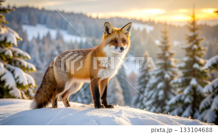 Wild red fox stands majestically on snowy mountain ridge during golden sunrise with winter forest backdrop 133104688