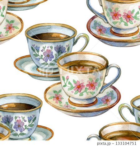 Seamless watercolor pattern with vintage tea cups and floral motifs, cozy hand-painted design, cottagecore background for kitchen decor, fabric and wrapping paper 133104751