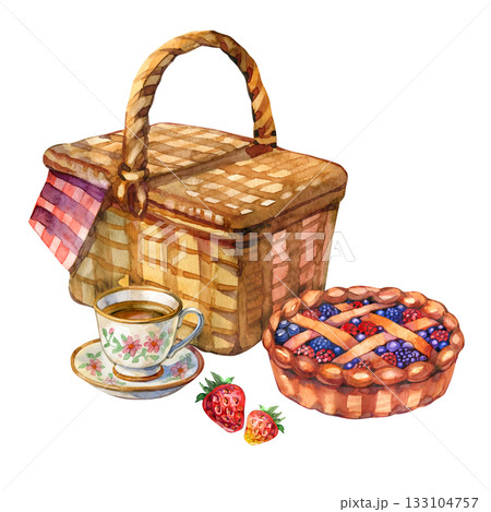 Watercolor picnic set with a wicker basket, berry pie, tea cup and strawberries. Cozy summer food illustration perfect for cards, menus, packaging, posters and seasonal designs. 133104757