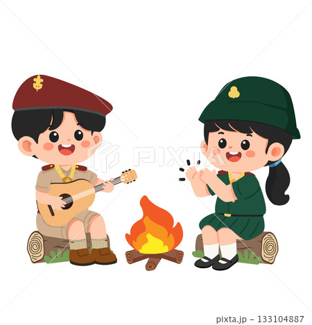 Cartoon Scouts Playing Guitar Around Campfire Cartoon Scouts Playing Guitar Around Campfire 133104887