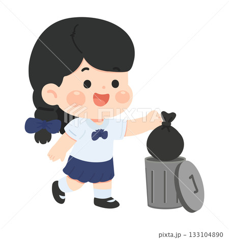 Illustration of Girl Throwing Trash in Bin Illustration of Girl Throwing Trash in Bin 133104890