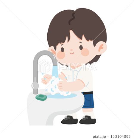 Boy Student Washing Hands with Soap Boy Student Washing Hands with Soap 133104893