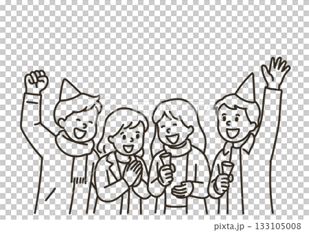クラッカーでお祝いをする男女グループのイラスト　線画のみ 133105008