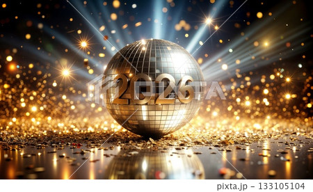 Spectacular golden disco ball featuring 2026 numerals amid dazzling spotlight beams and shimmering party atmosphere Spectacular golden disco ball featuring 2026 numerals amid dazzling spotlight beams and shimmering party atmosphere 133105104