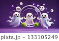 Cute white ghost characters with happy expressions surround a glass circular frame mockup. 133105249