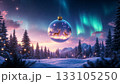 Enchanted Glass Christmas Ornament Floating Above Snowy Winter Forest with Aurora Borealis and Flying Reindeer 133105250