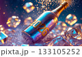 Iridescent champagne bottle displaying 2026 golden numerals amid crystalline ice fragments and luminous bokeh celebration backdrop 133105252