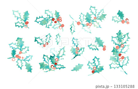 水彩画。水彩タッチのベクタークリスマスイラスト。ヒイラギの水彩イラスト。 水彩画。水彩タッチのベクタークリスマスイラスト。ヒイラギの水彩イラスト。 133105288