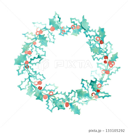 水彩画。水彩タッチのベクタークリスマスイラスト。ヒイラギの水彩イラスト。 133105292