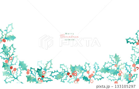 水彩画。水彩タッチのベクタークリスマスイラスト。ヒイラギの水彩イラスト。 133105297