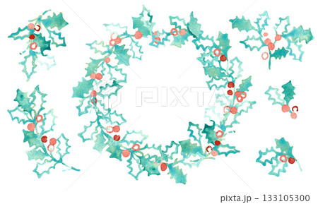 水彩画。水彩タッチのベクタークリスマスイラスト。ヒイラギの水彩イラスト。 水彩画。水彩タッチのベクタークリスマスイラスト。ヒイラギの水彩イラスト。 133105300