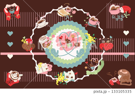 バレンタインとカフェのハートフレーム背景イラスト 133105335
