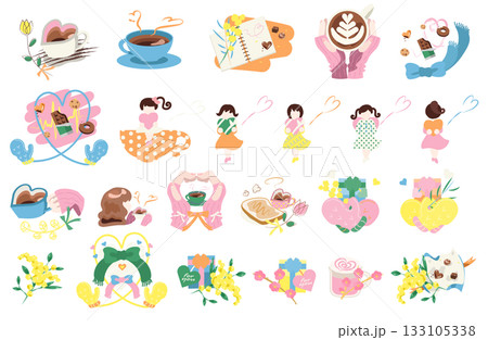 パステルカラーのバレンタイン＆カフェギフトイラストセット 133105338