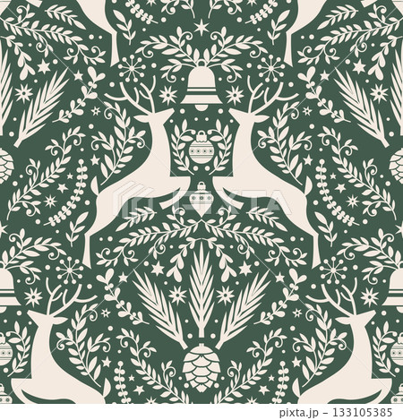 Dark Festive Reindeer Botanical Pattern 133105385