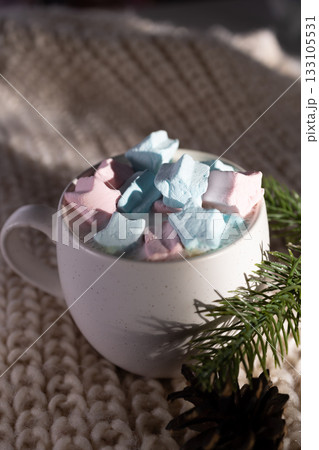 festive marshmallow assortment, decorative caffeinated drink surrounded by festive accents festive marshmallow assortment, decorative caffeinated drink surrounded by festive accents 133105531