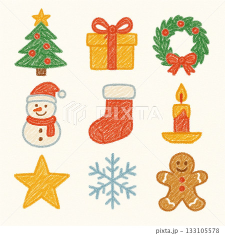 クレヨンタッチのカラフルなクリスマスアイコンセット クレヨンタッチのカラフルなクリスマスアイコンセット 133105578