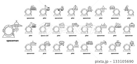 A series of drawings of various vehicles and people 133105690