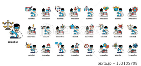A series of cartoon characters with the word Scientist written below them A series of cartoon characters with the word Scientist written below them 133105709
