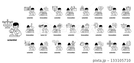 A series of cartoon characters with the word Scientist written below them A series of cartoon characters with the word Scientist written below them 133105710