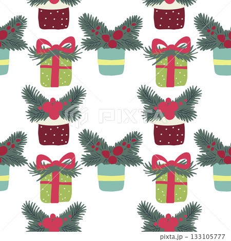 Christmas festive seamless pattern. Hand drawn  gift boxes and fur branches. 133105777