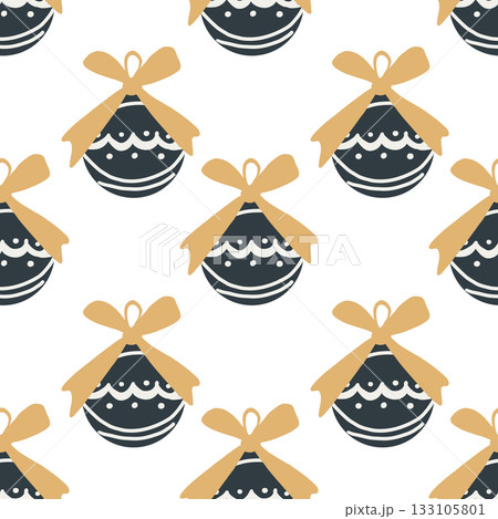 Christmas festive seamless pattern. Hand drawn christmas ornaments, gift boxes and fur branches.. 133105801