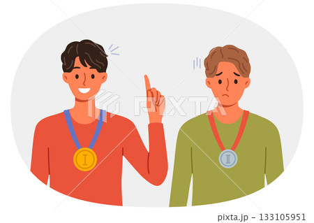 Winner and loser with medals for first and second place around necks experience different emotions Winner and loser with medals for first and second place around necks experience different emotions 133105951