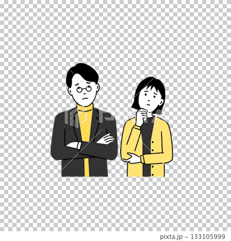 A simple flat illustration of a young man and woman thinking deeply about worries and anxieties 133105999