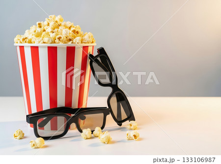 ポップコーンと3Dメガネの映画館イメージ 133106987