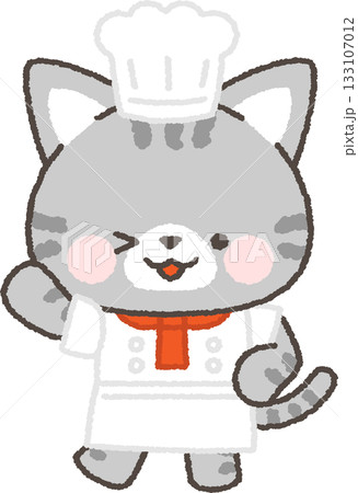 片手を挙げてウインクするサバトラネコのシェフ 133107012