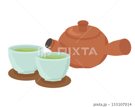 急須と茶托付きの緑茶 イラスト 急須と茶托付きの緑茶 イラスト 133107014