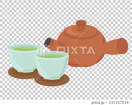 Illustration of green tea with teapot and tea tray 133107014
