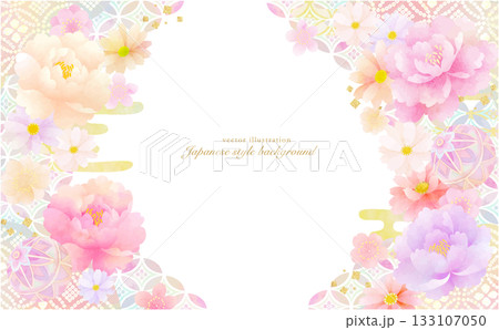 ふんわりやしい和柄と花の背景素材 133107050