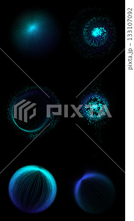 Blue radiant data core with radial dots and energy lines on black background Blue radiant data core with radial dots and energy lines on black background 133107092