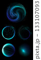 Blue neural swirl with curved lines and glowing dots on dark background 133107093