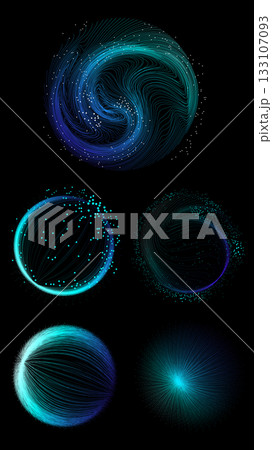 Blue neural swirl with curved lines and glowing dots on dark background 133107093