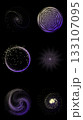 Circular particle motion spheres with glowing violet and yellow gradients on black 133107095