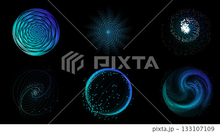 Blue neural spiral with particle field and curved motion on black background 133107109