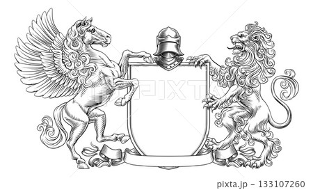 Heraldic Crest Lion Pegasus Coat Of Arms Shield 133107260