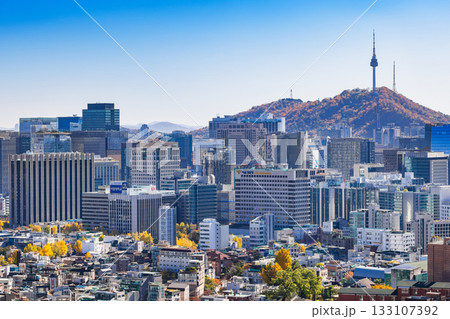 韓国　秋景色のソウル市街と南山タワー（Nソウルタワー） 133107392